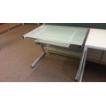 Frosted Glass Top Office Computer Desk w Pull-Out Keyboard Tray